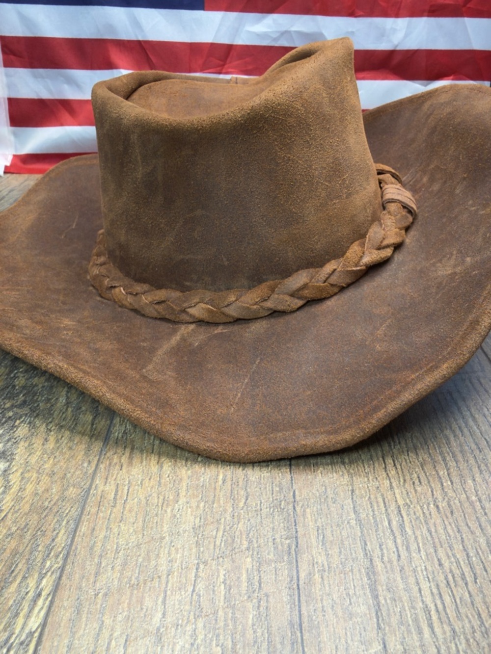 Minnetonka Leather Hat Brown Leather Outback Bush Western Braid Band USA  Size S - Picture 7 of 8